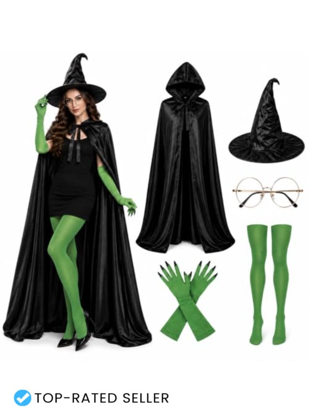 Women's Green Witch Costume 5Pc Set Hooded Cloak Hat Tights Gloves